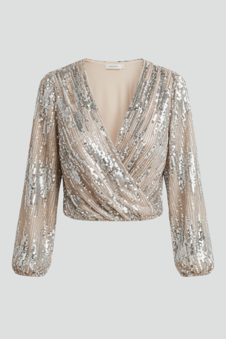 Arabella | Sophisticated Long Sleeve Sequin Wrap Party Top