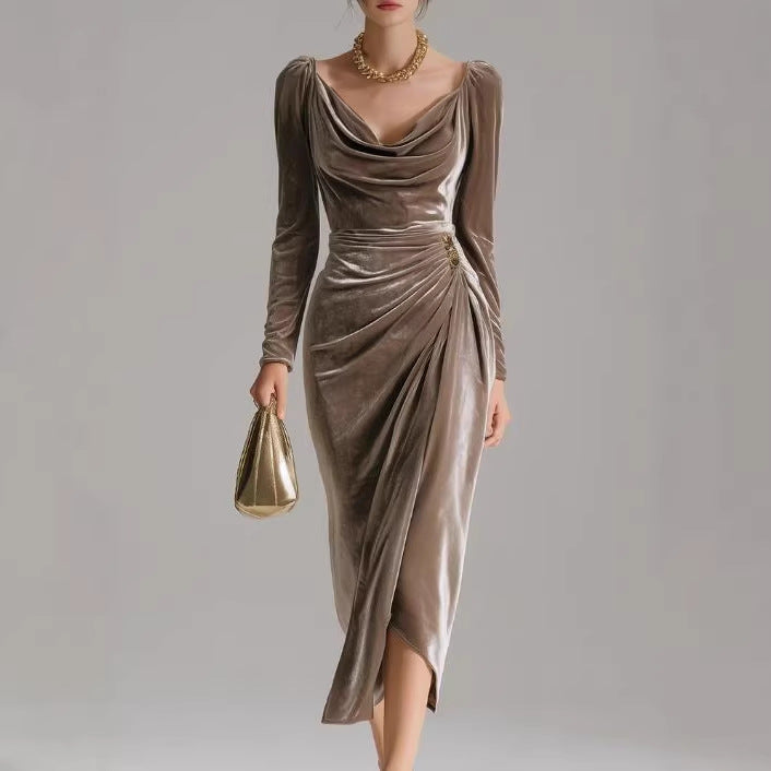 Aria | Refined Draped Velvet Dress with Cowl Neckline & Side Slit
