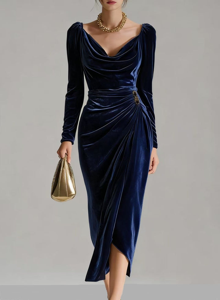 Aria | Refined Draped Velvet Dress with Cowl Neckline & Side Slit