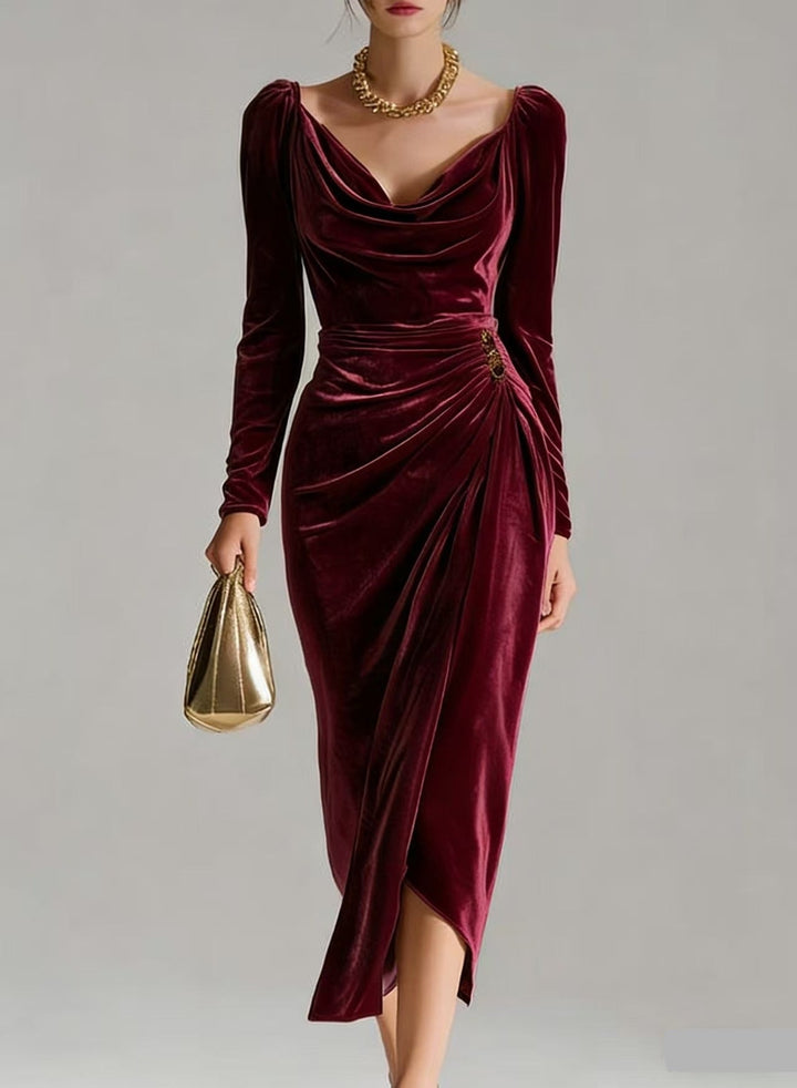 Aria | Refined Draped Velvet Dress with Cowl Neckline & Side Slit