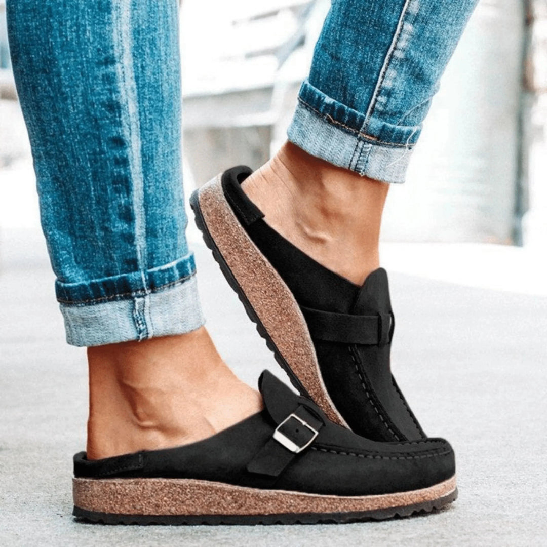 Athena | Elegant Buckle Detail Cork Sole Mule Slippers