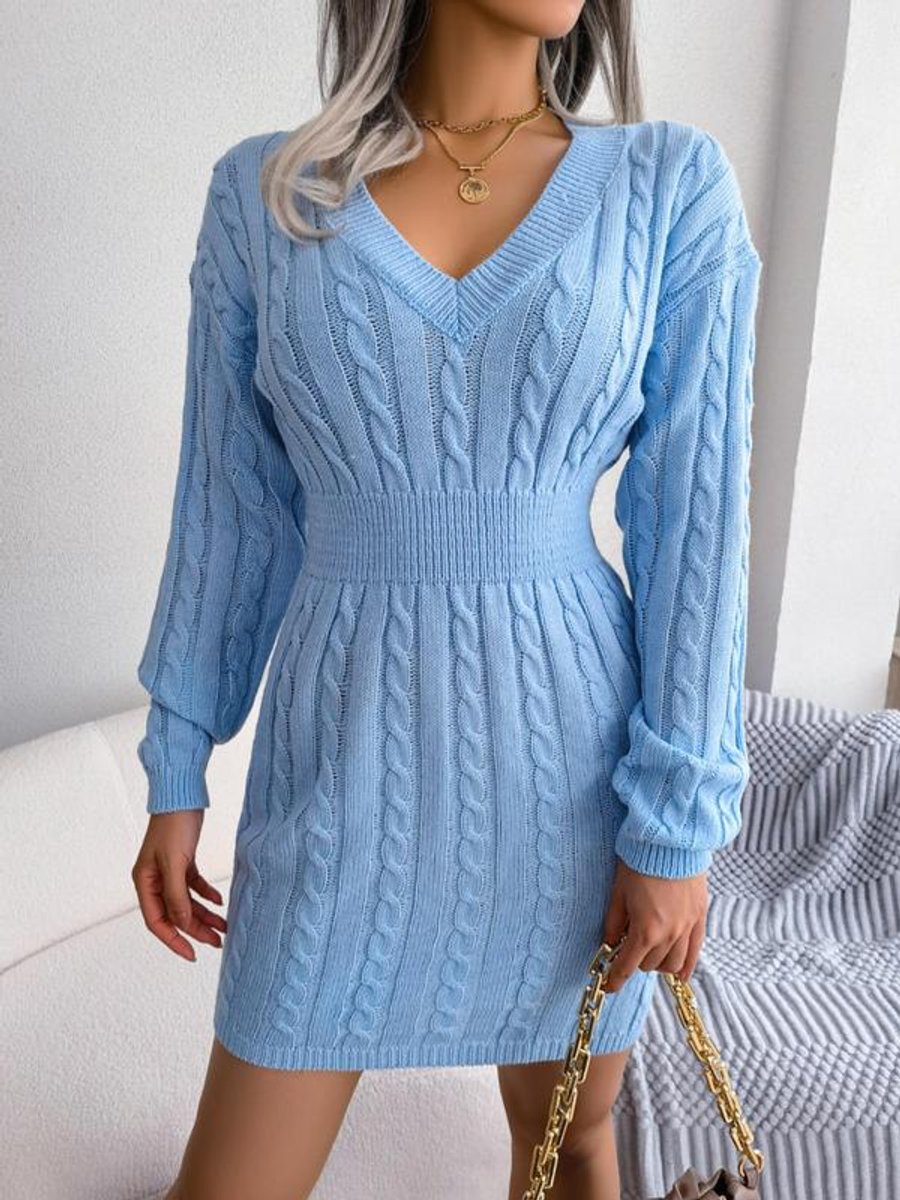 Athena | Elegant Cable-Knit V-Neck Bodycon Mini Knit Dress