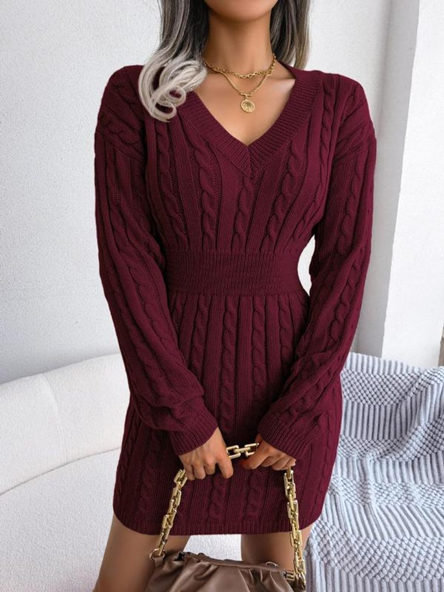 Athena | Elegant Cable-Knit V-Neck Bodycon Mini Knit Dress
