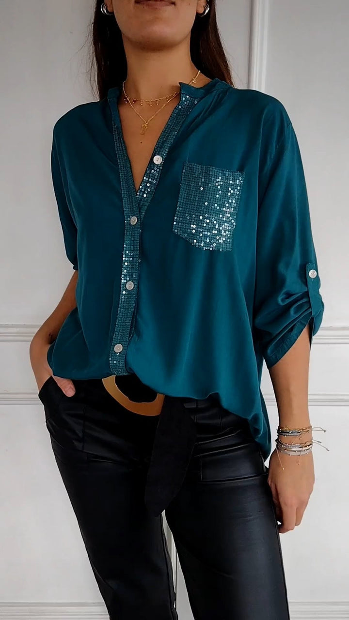 Aurora | Refined Sequin Trim Button-Through Party Top