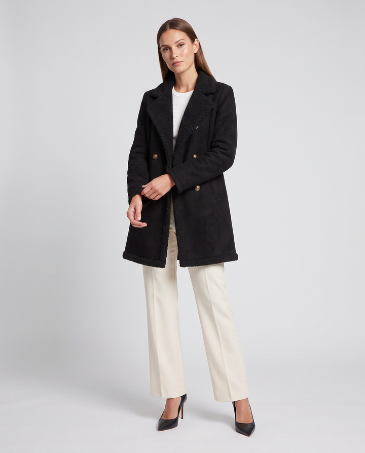 Aurora | Timeless Shearling Trim Double Breasted Teddy Coat
