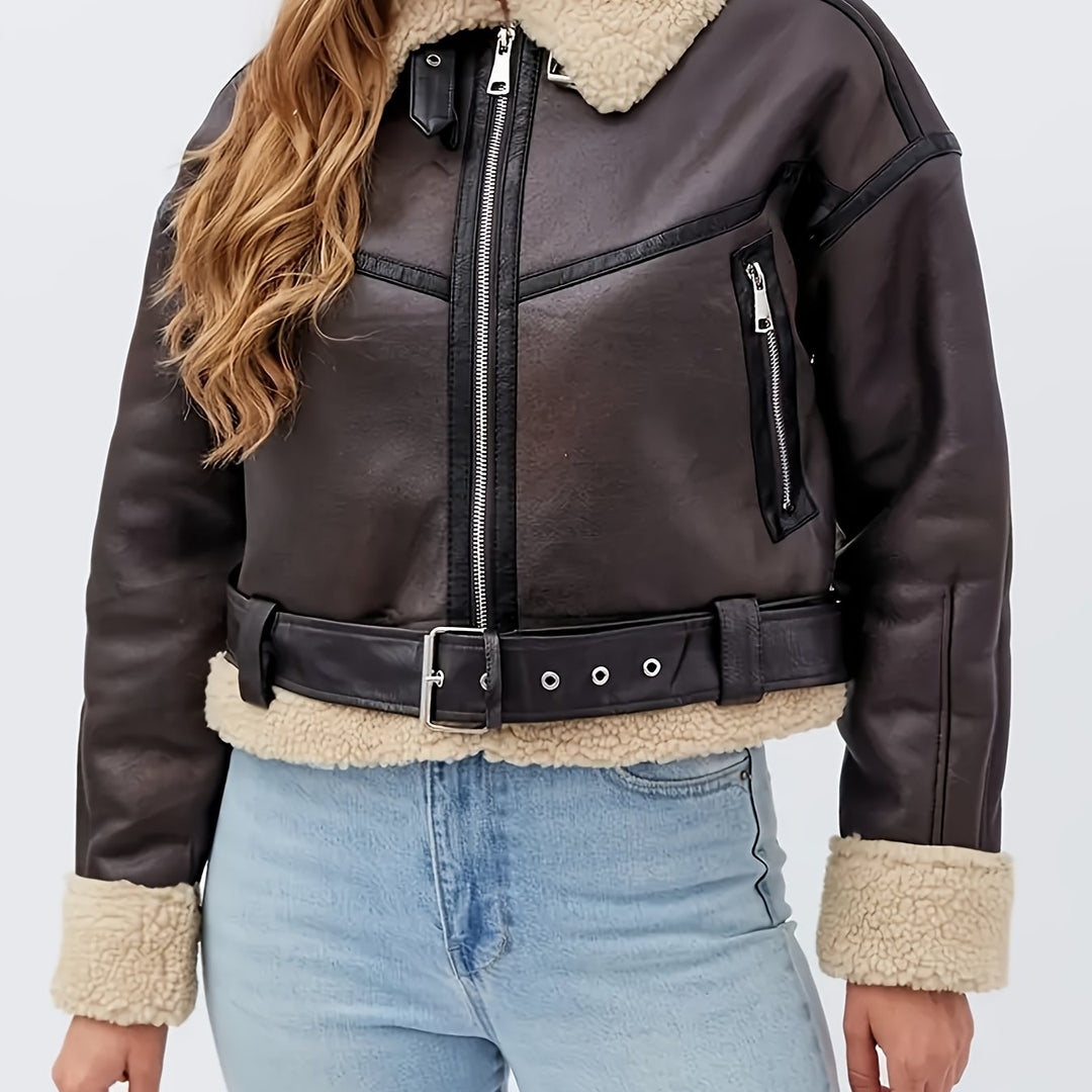 Bella | Graceful Belted Aviator Jacket with Plush Trim