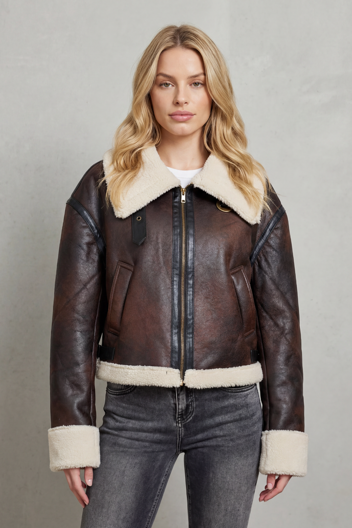 Darcie | Stylish Cropped Aviator Jacket with Shearling Trim