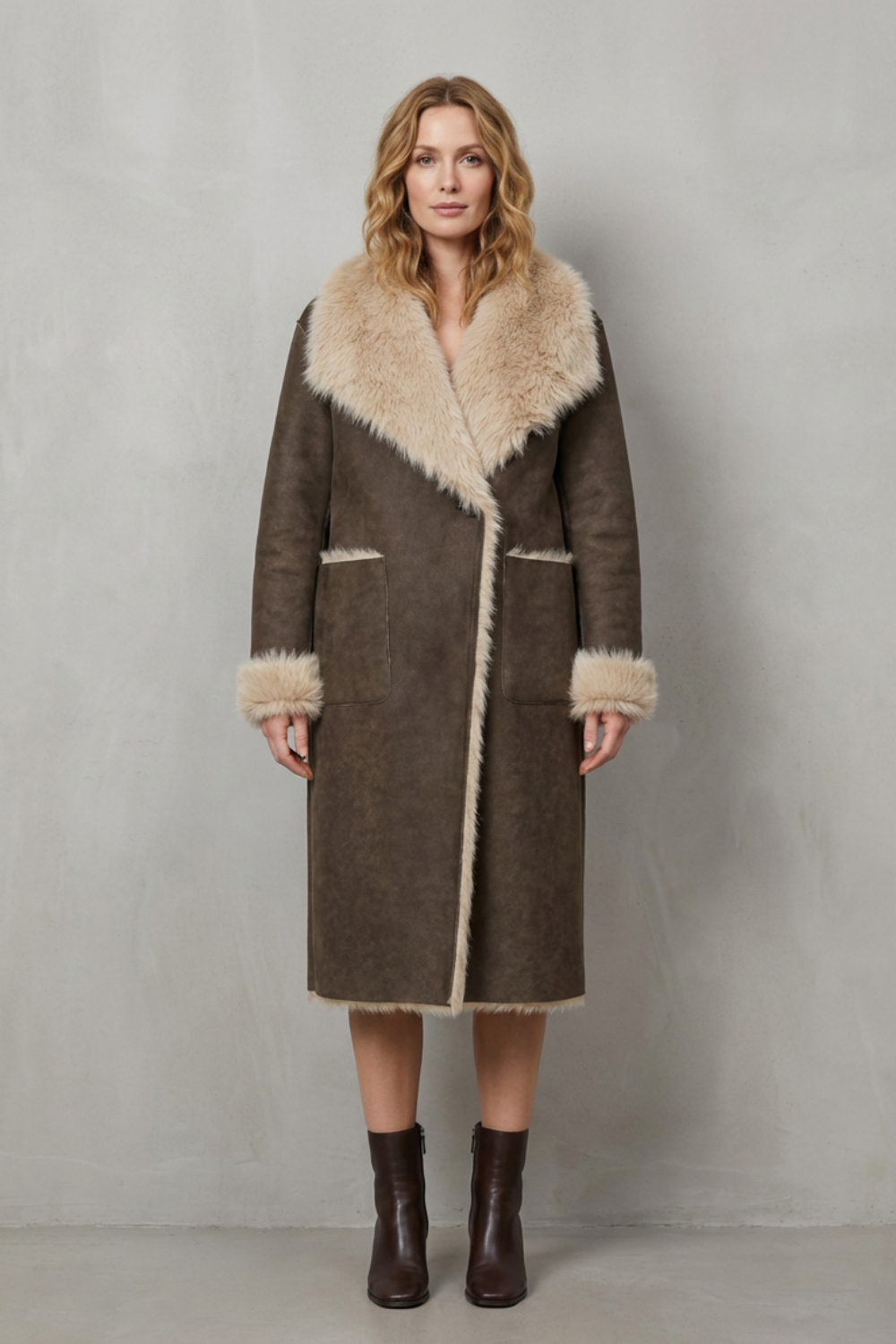 Eliza | Polished Longline Teddy Coat with Contrast Trim Collar