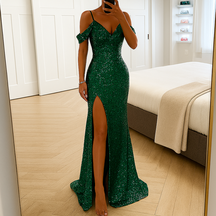 Elodie | Elegant Off Shoulder Sparkle Dress with Side Slit
