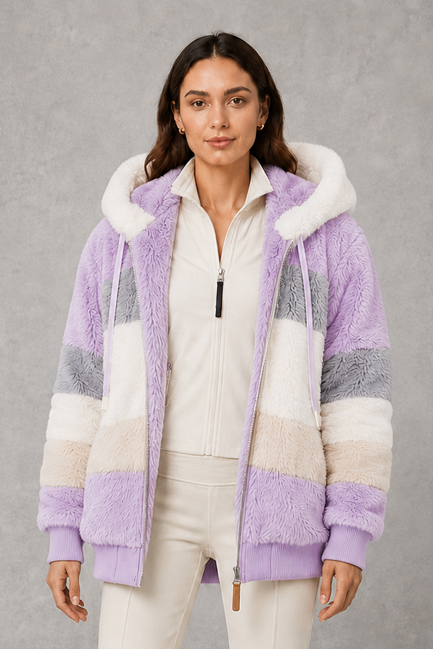 Elsie | Polished Hooded Faux Fur Coat with Colour-Block Stripes