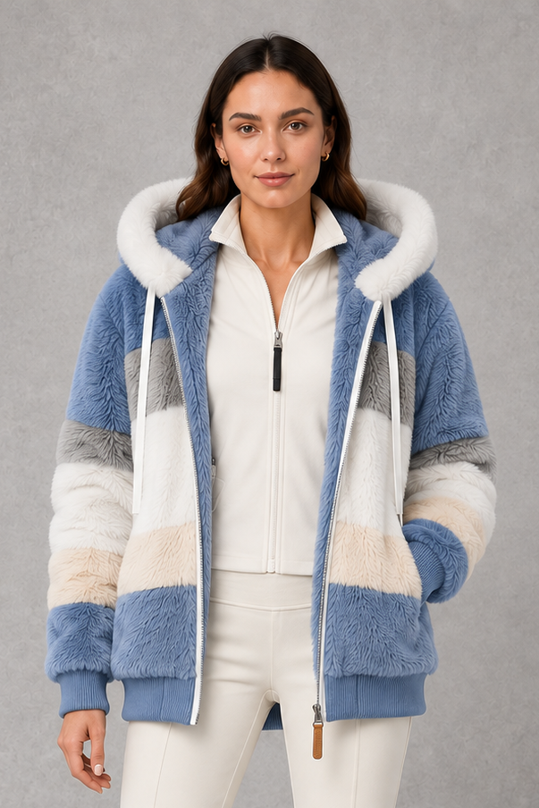 Elsie | Polished Hooded Faux Fur Coat with Colour-Block Stripes
