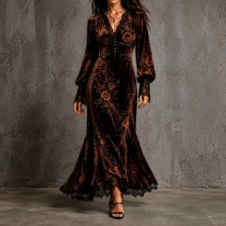 Emma | Floral V-Neck Long Sleeve Maxi Velvet Dress