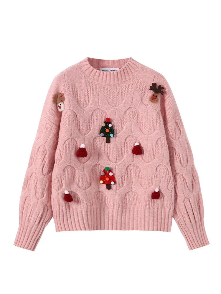 Esme | Elegant Cable Knit Christmas Jumper with Novelty Reindeer Detail