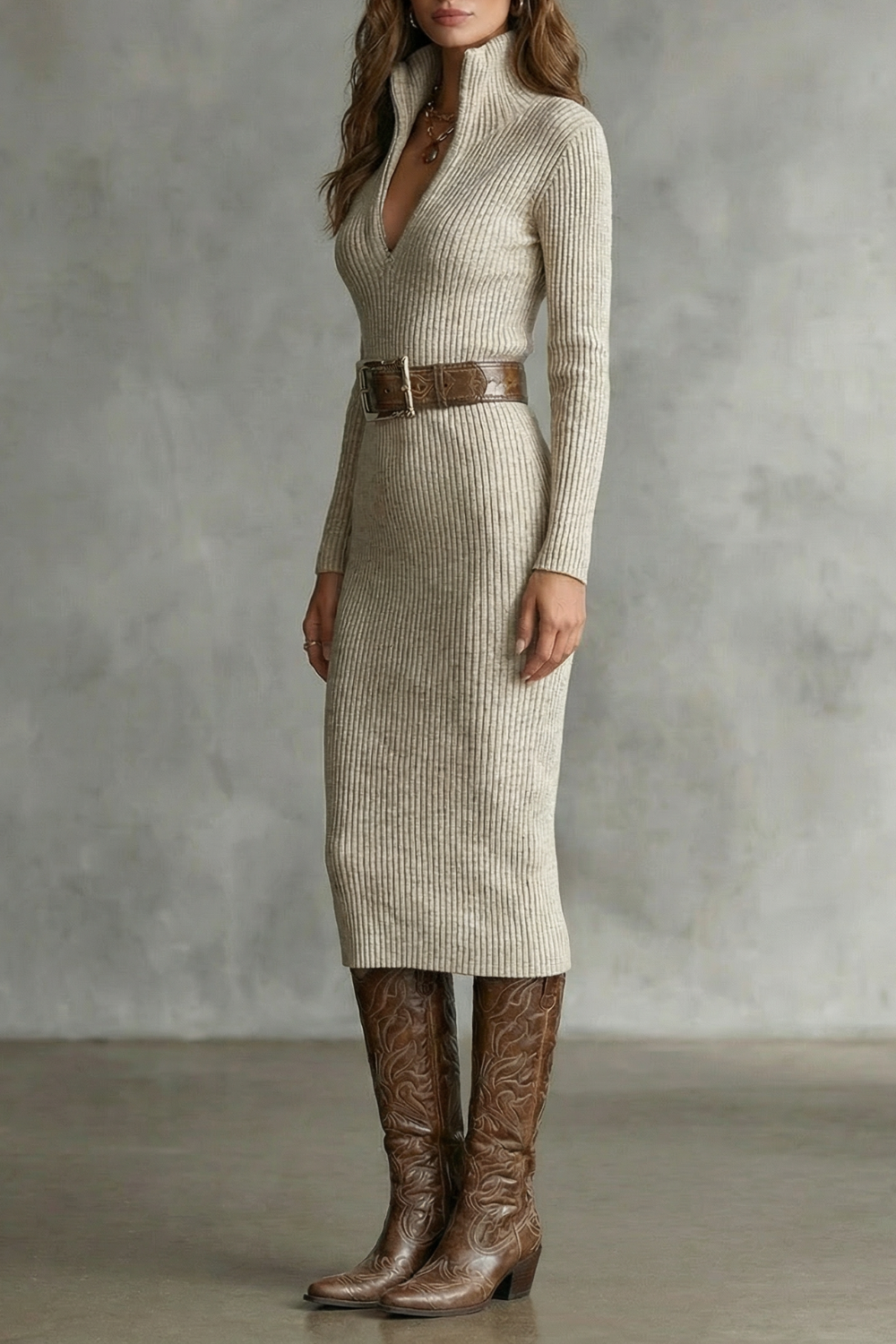 Esme | Polished Ribbed Knit Midi Dress with Collar Detail