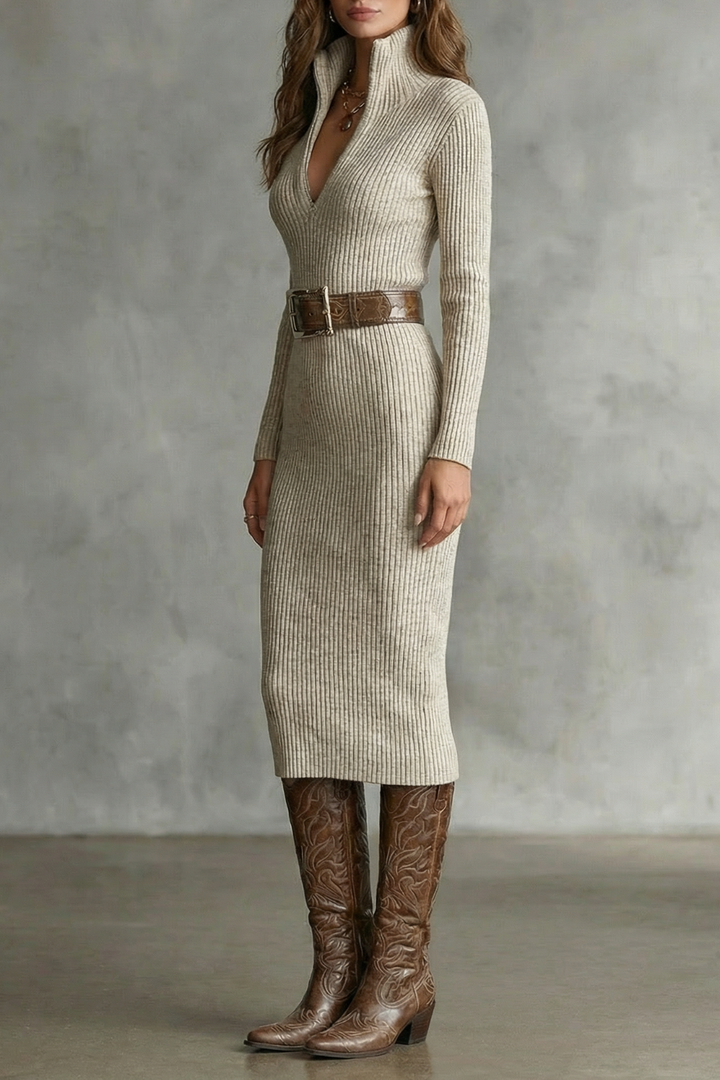 Esme | Polished Ribbed Knit Midi Dress with Collar Detail