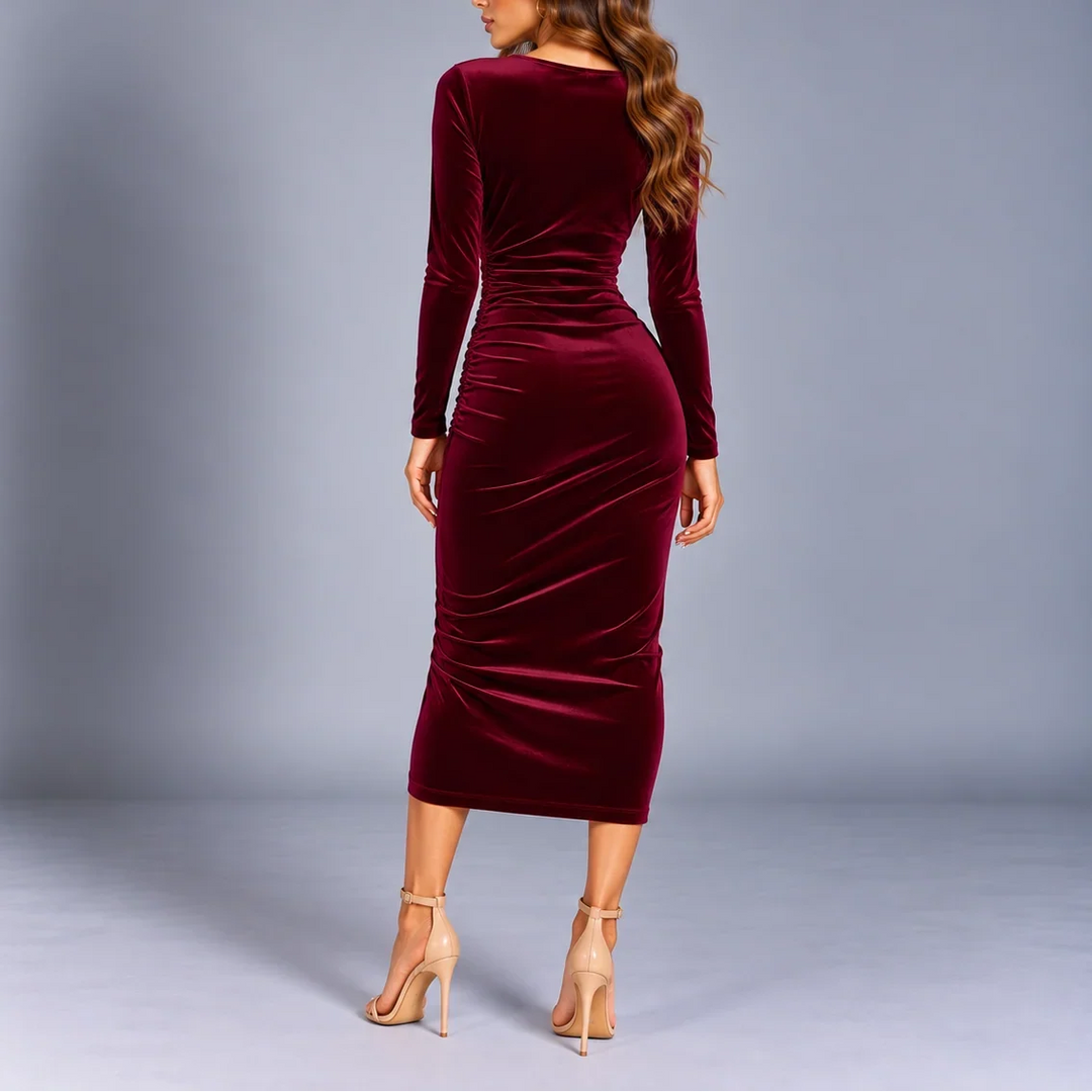 Freya | Long Sleeve Ruched Midi Velvet Dress