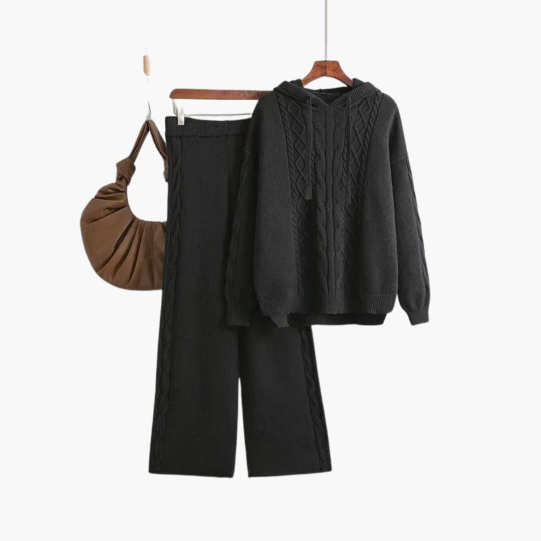 Hallie | Cable Knit Wide Leg Hooded Tracksuit Set