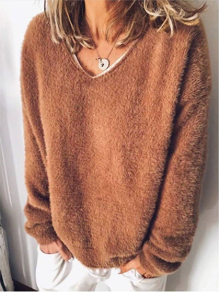 Hazel | Relaxed Fluffy V-Neck Knitted Jumper