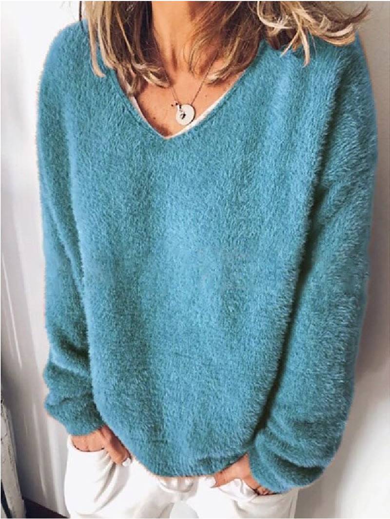 Hazel | Relaxed Fluffy V-Neck Knitted Jumper