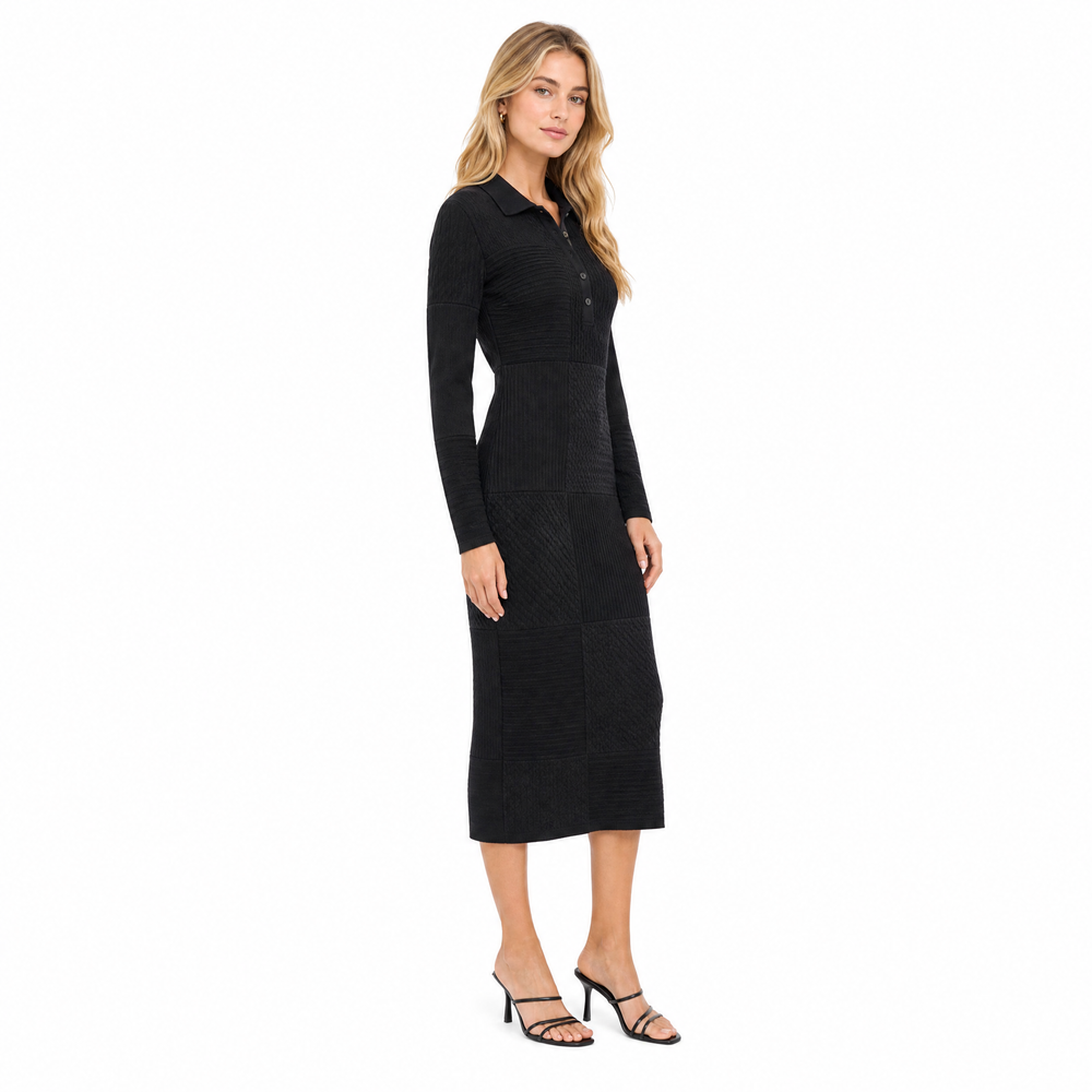Isabella | Polished Collared Patchwork Knit Sweater Dress