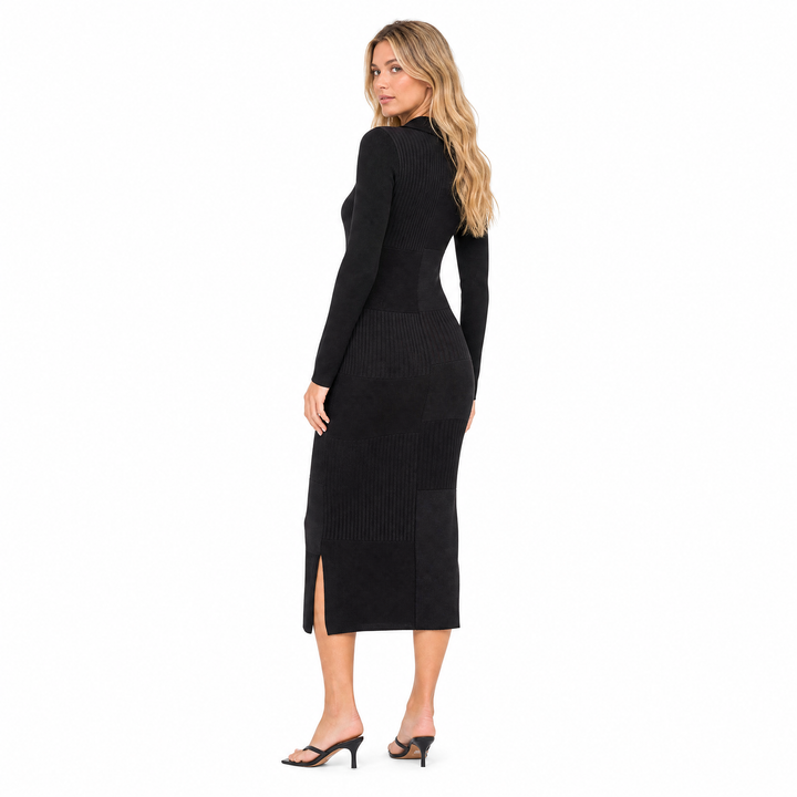 Isabella | Polished Collared Patchwork Knit Sweater Dress