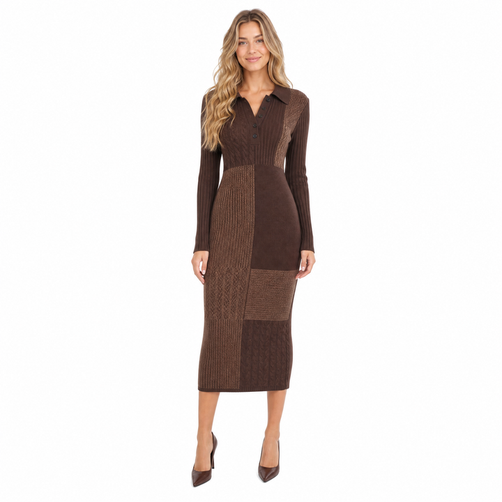 Isabella | Polished Collared Patchwork Knit Sweater Dress