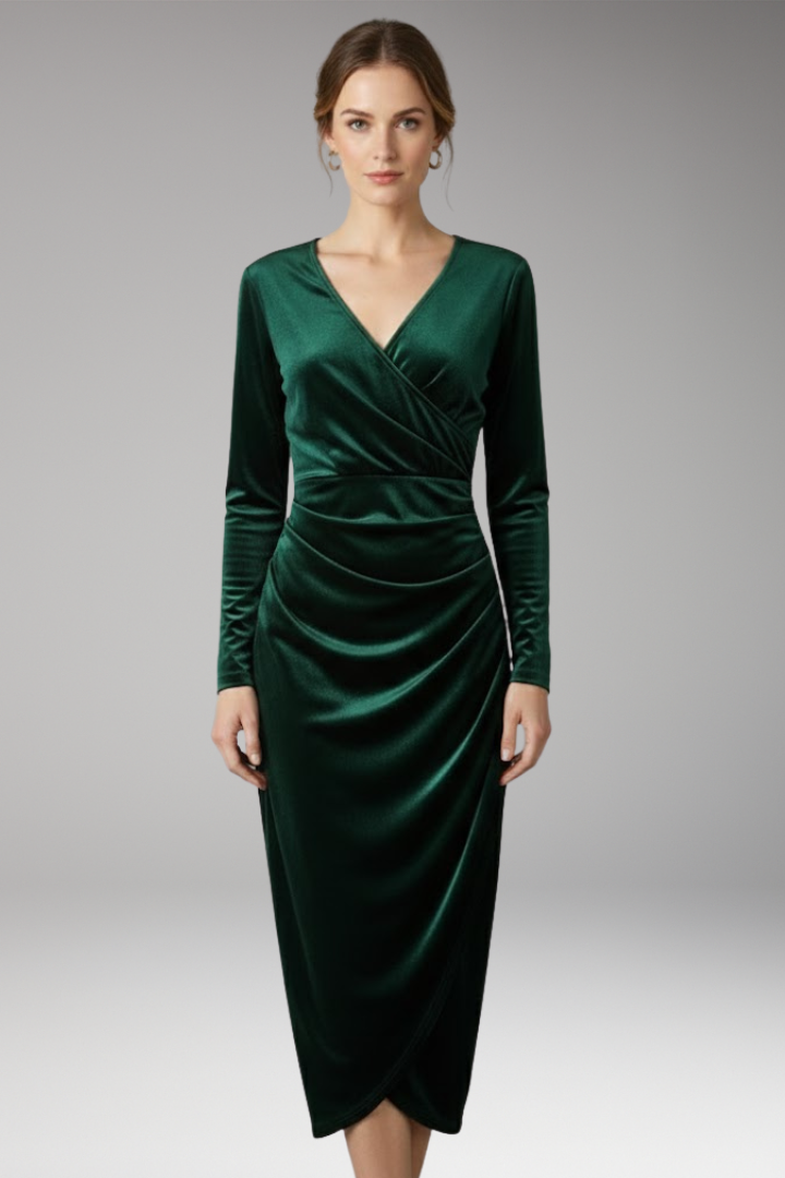 Isabelle | Elegant Ruched Wrap Velvet Midi Dress