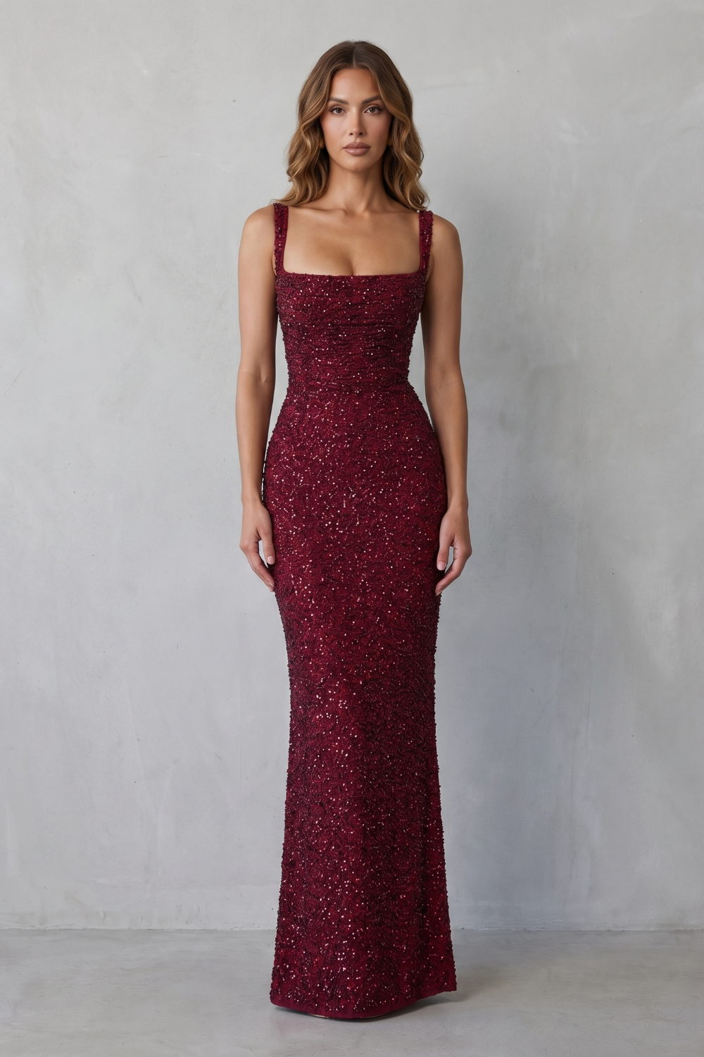Jasmine | Graceful Square Neck Sequin Maxi Dress