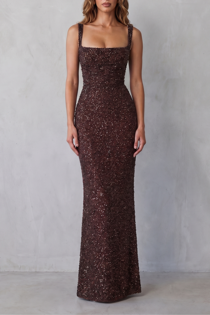 Jasmine | Graceful Square Neck Sequin Maxi Dress