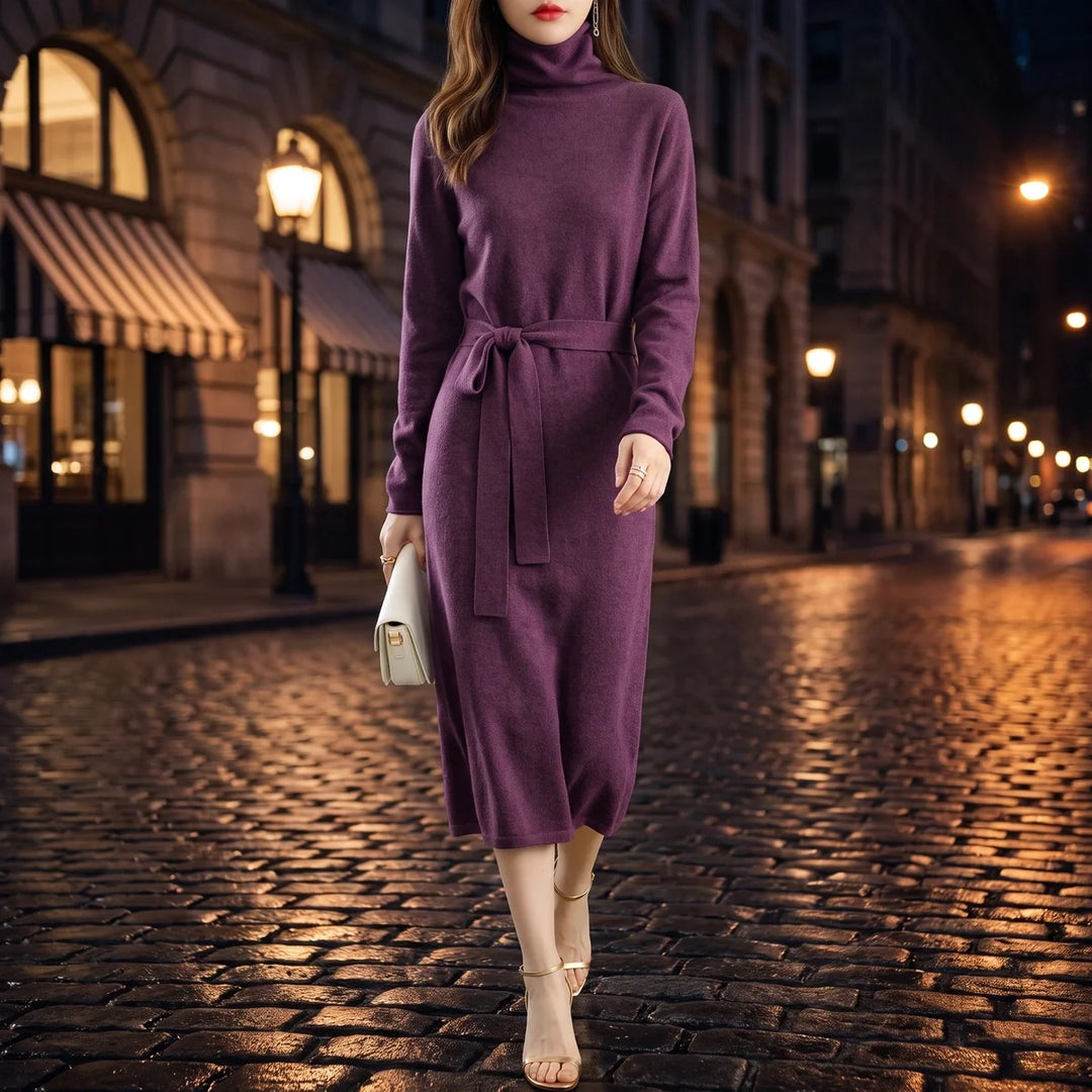 Lara | Cosy Belted Roll Neck Midi Knit Dress