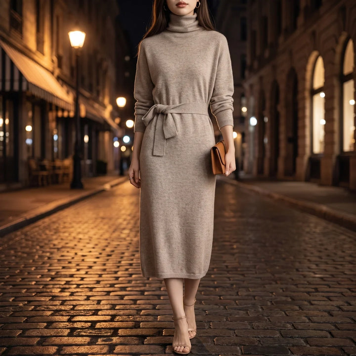 Lara | Cosy Belted Roll Neck Midi Knit Dress