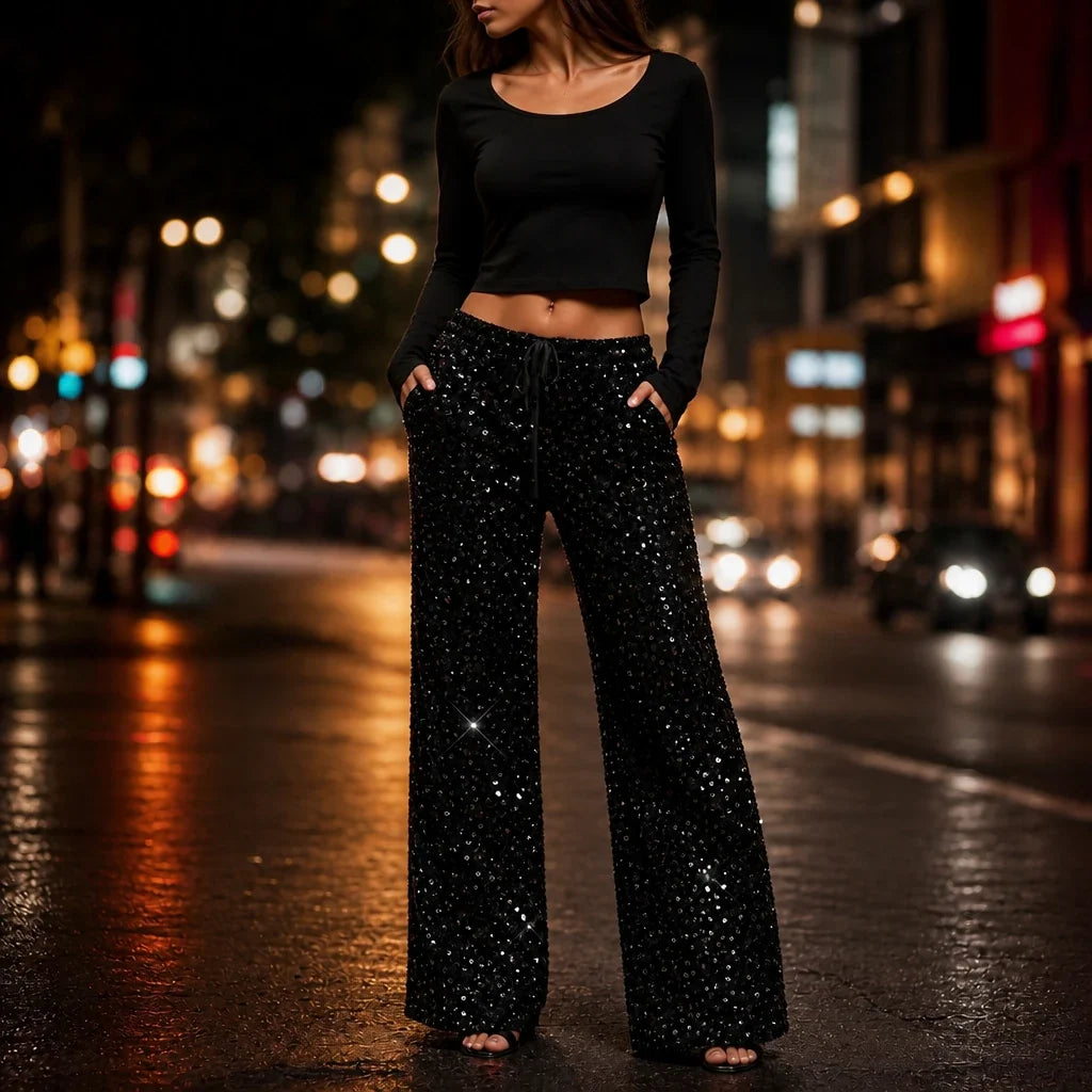 Lottie | Stylish Drawstring Wide Leg Sequin Trousers