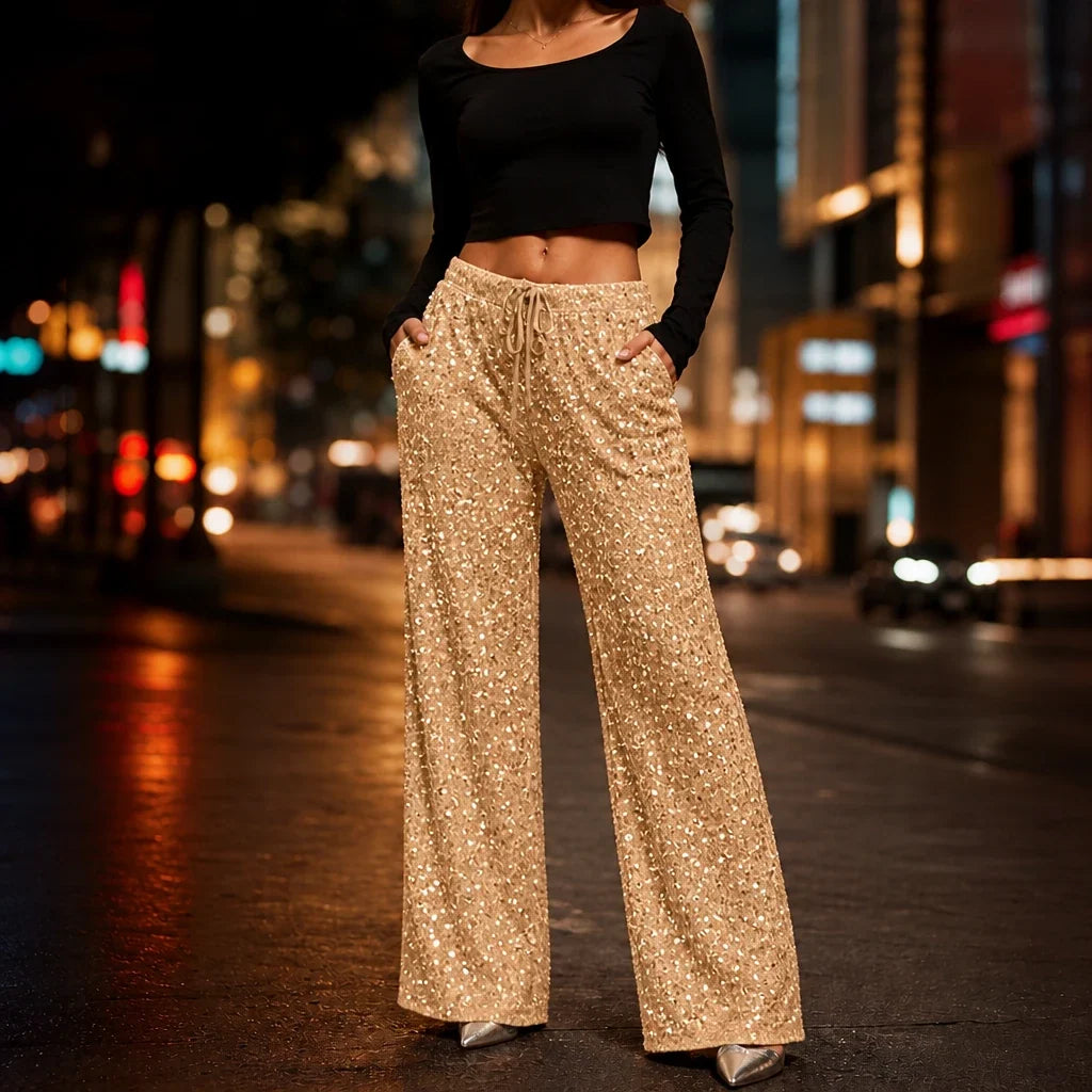 Lottie | Stylish Drawstring Wide Leg Sequin Trousers