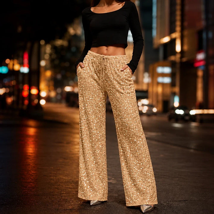 Lottie | Stylish Drawstring Wide Leg Sequin Trousers