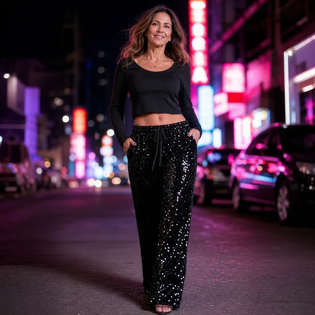 Lottie | Stylish Drawstring Wide Leg Sequin Trousers