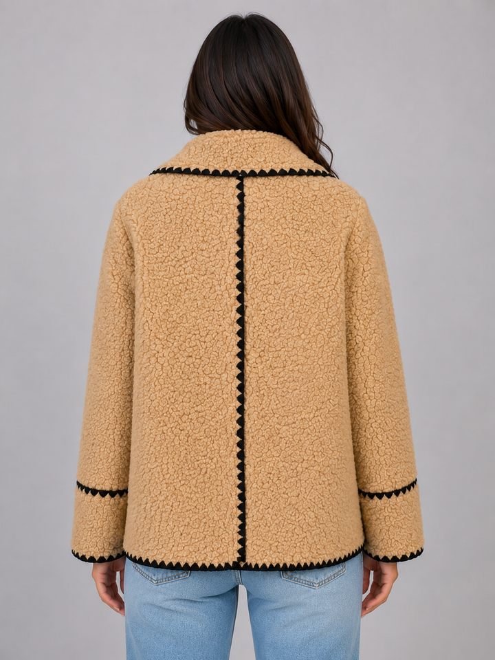 Maeve | Sophisticated Textured Teddy Coat with Contrast Trim