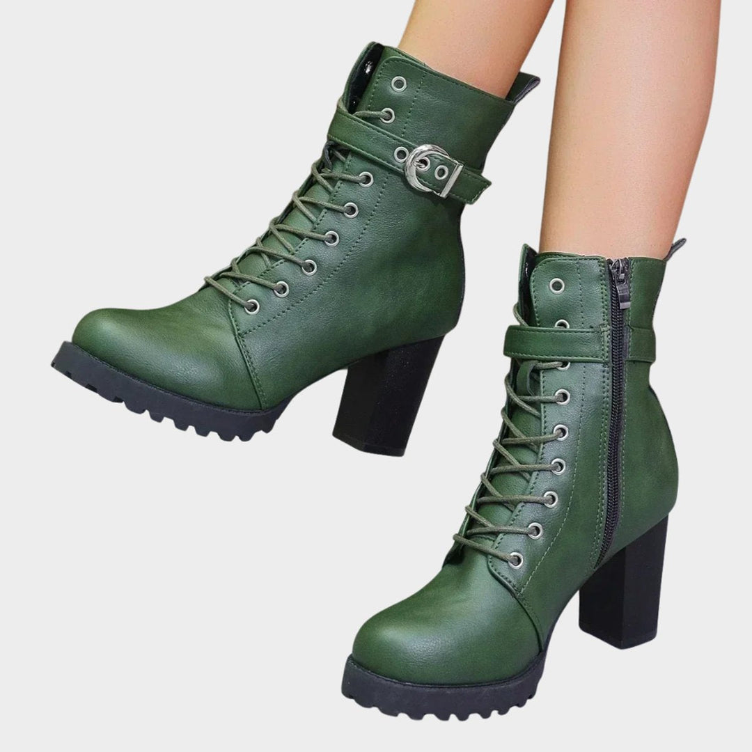 Maria | Stylish Lace-Up Block Heel Ankle Boots Buckle Strap