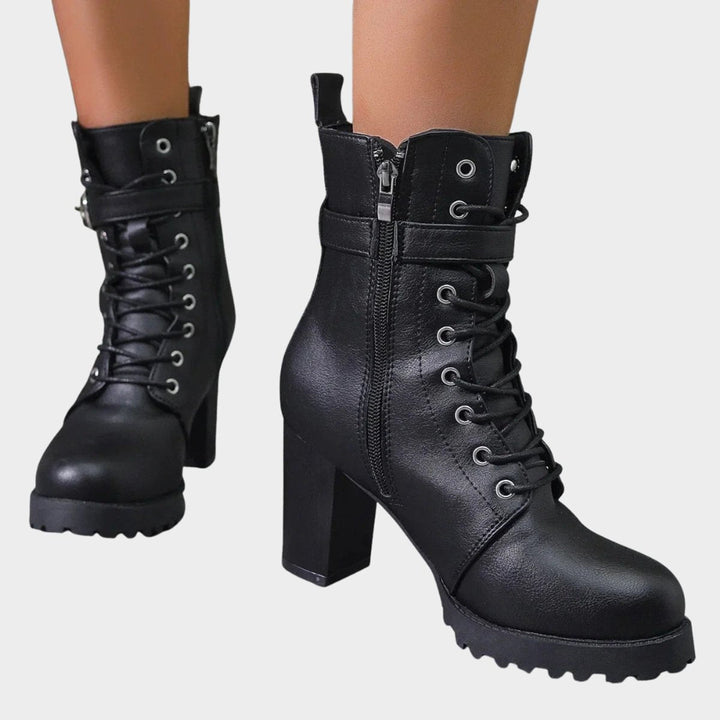Maria | Stylish Lace-Up Block Heel Ankle Boots Buckle Strap
