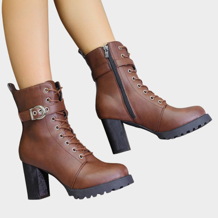 Maria | Stylish Lace-Up Block Heel Ankle Boots Buckle Strap