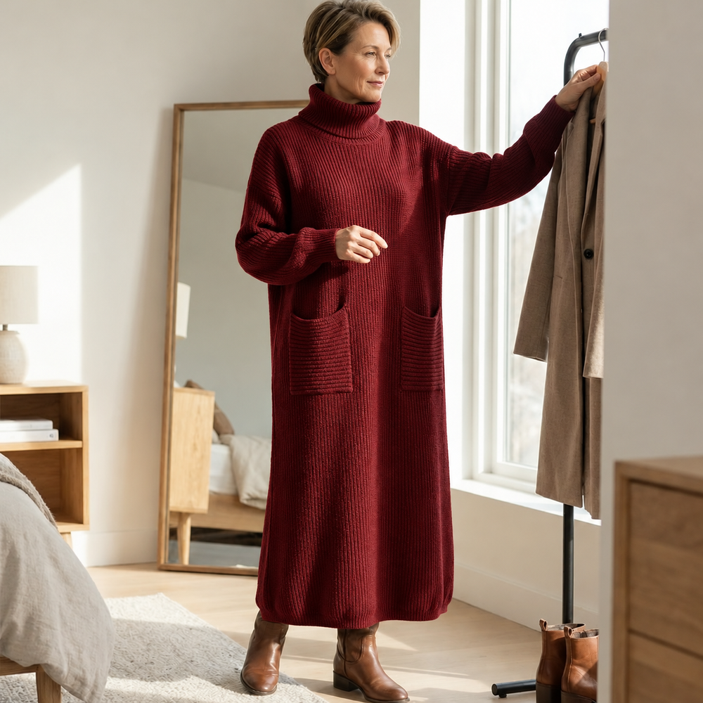 Matilda | Classic Ribbed Roll Neck Maxi Knit Dress