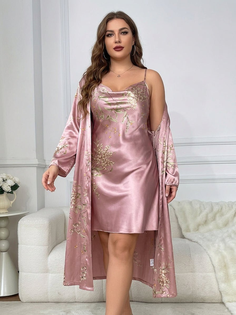 Matilda | Effortless Floral Satin Ladies Dressing Gown & Cami Set