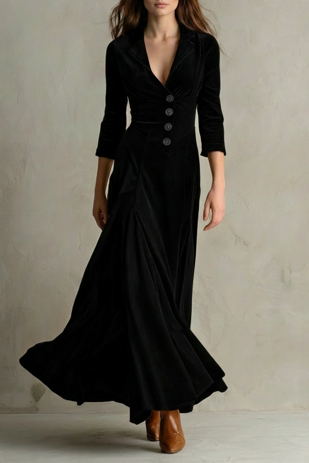 Maya | Cosy Buttoned Lapel Velvet Maxi Dress