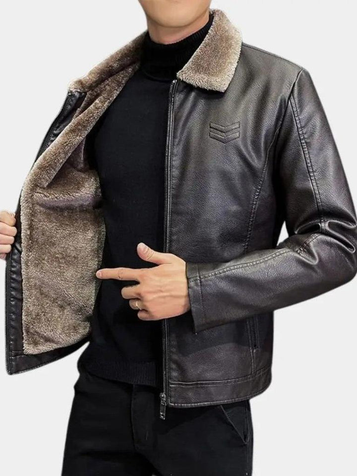 Milo | Polished Shearling Collar Zip-Up Leather Jacket