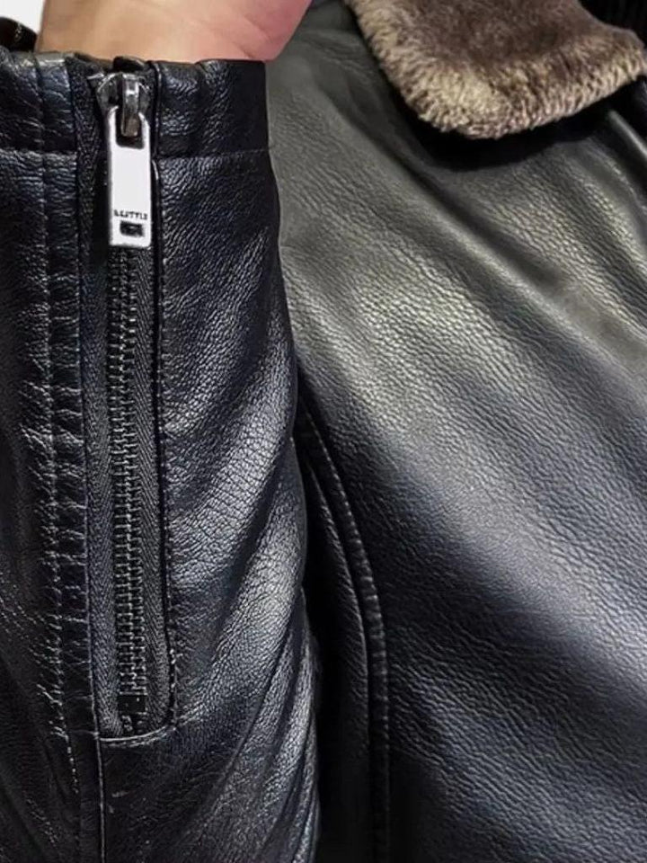 Milo | Polished Shearling Collar Zip-Up Leather Jacket