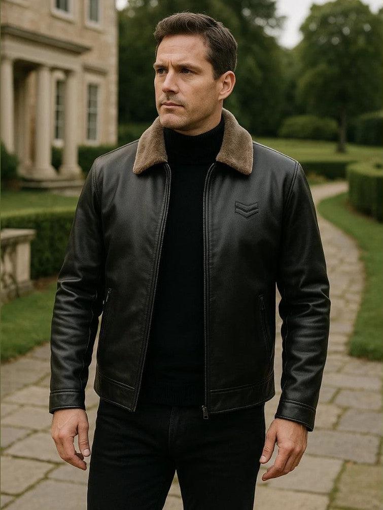 Milo | Polished Shearling Collar Zip-Up Leather Jacket