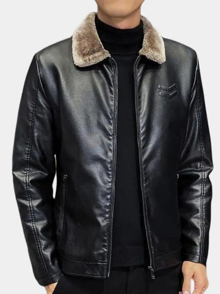 Milo | Polished Shearling Collar Zip-Up Leather Jacket