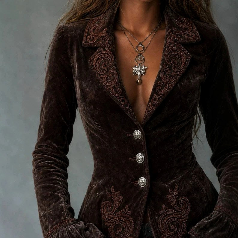 Nellie | Embroidered Tailored Velvet Blazer with Flared Cuffs