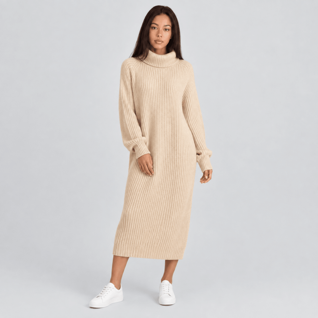 Nova | Polished Ribbed Roll Neck Midi Knit Dress