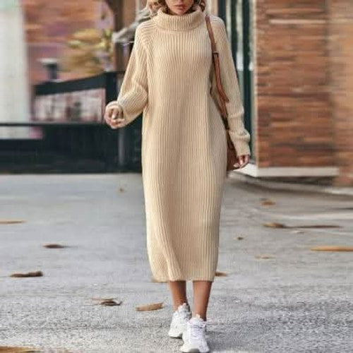 Nova | Polished Ribbed Roll Neck Midi Knit Dress