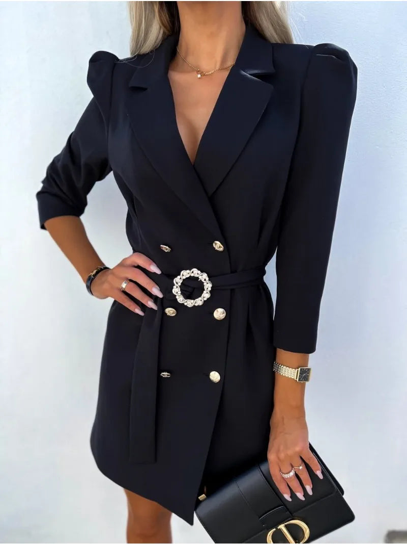 Olive | Relaxed Double-Breasted Blazer Dress with Puff Sleeves